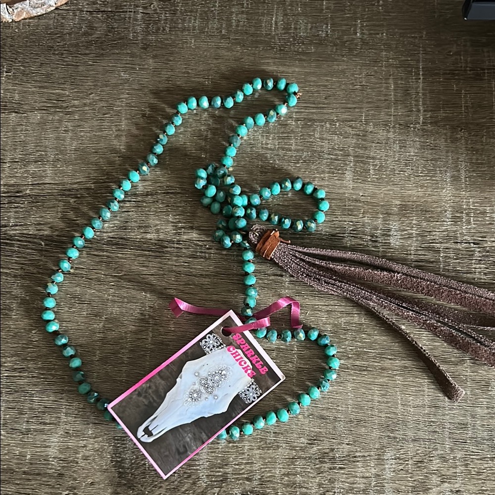 Turquoise Beaded Necklace with Brown Tassel